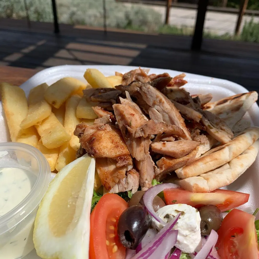 Chicken gyros plate served with pita bread